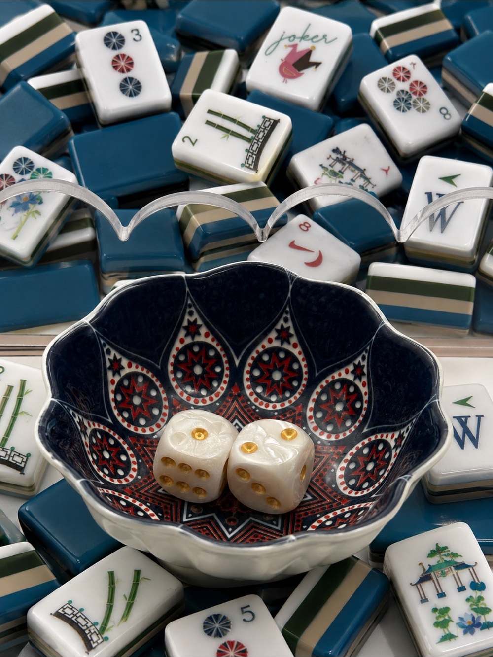 Mahjong Tiles Ceramic Dice Dish blue and red